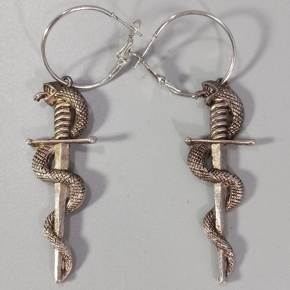 Snake and Dagger Sword Metal Earrings Goth Fashion Jewelry 3" Dangling Pair